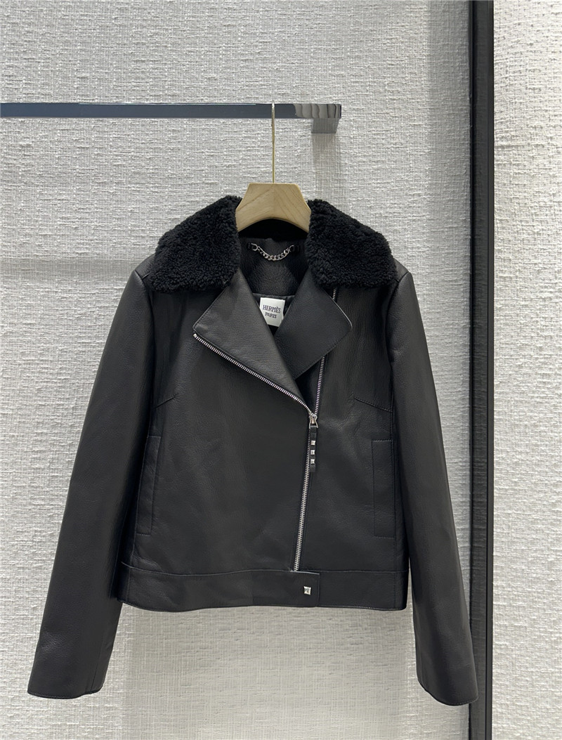 Hermes pebbled lambskin lambswool collar biker jacket