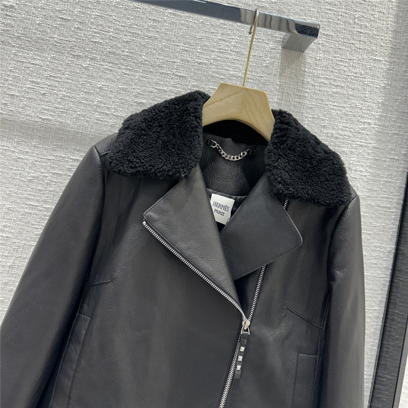 H**me5 pebbled lambskin lambswool collar biker jacket