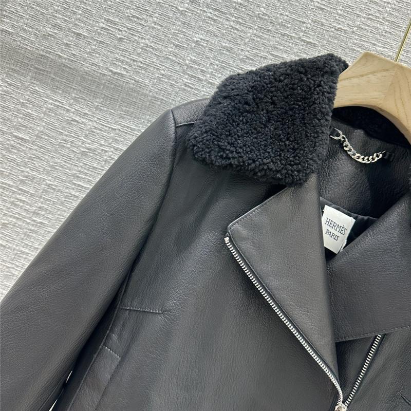 H**me5 pebbled lambskin lambswool collar biker jacket