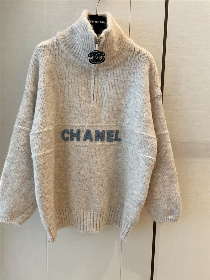 Chanel Logo Turtleneck Loose Sweater Beige