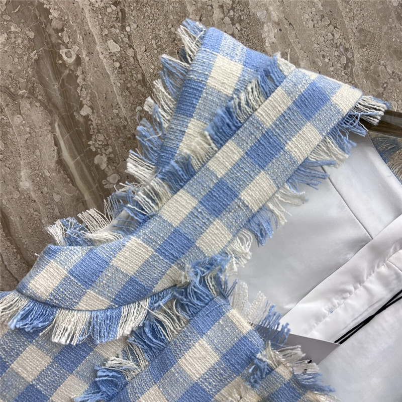 Balmain fringed blue and white plaid dress
