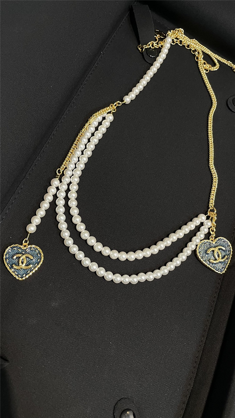 Ch**el imitation denim double c love pearl waist chain