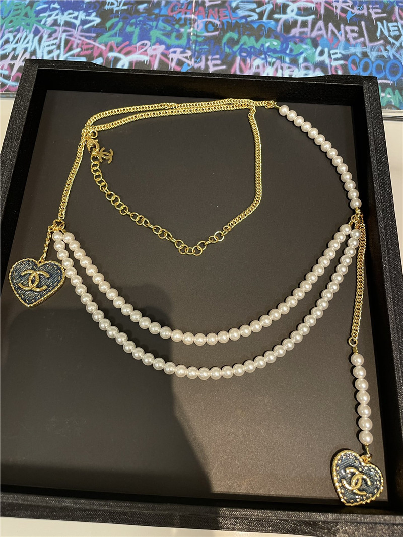 Ch**el imitation denim double c love pearl waist chain