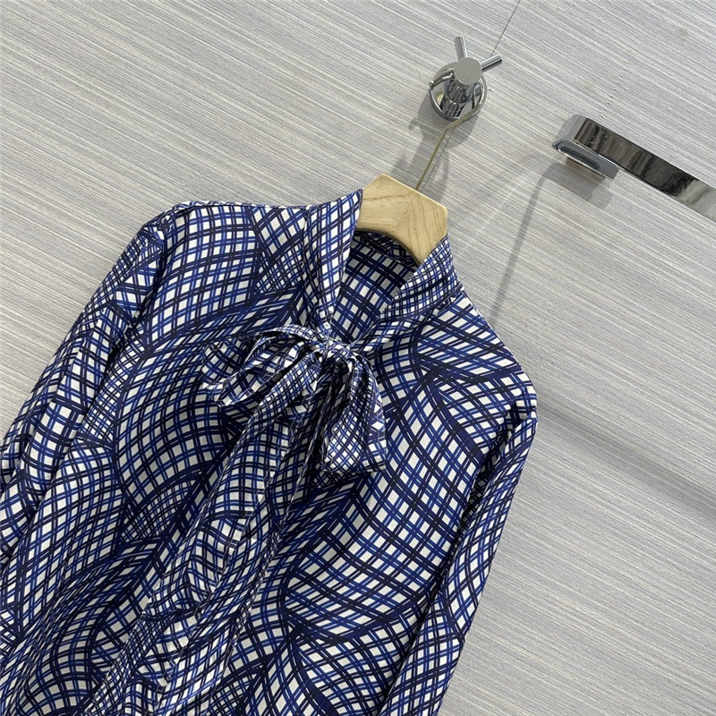 tory burch 3D geometric premium blue plaid printed silk shirt