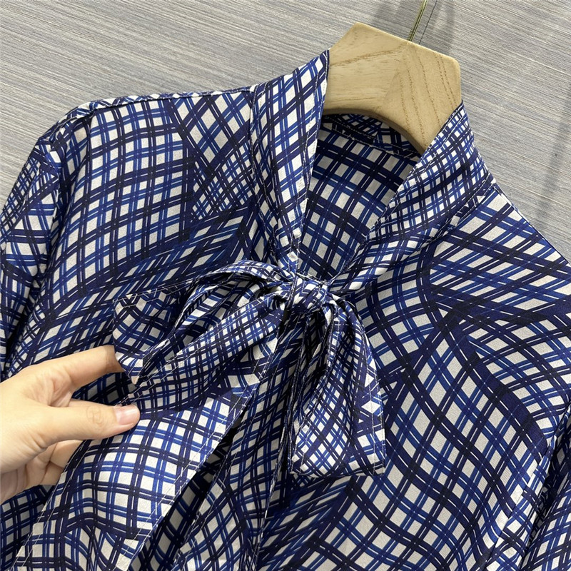 tory burch 3D geometric premium blue plaid printed silk shirt