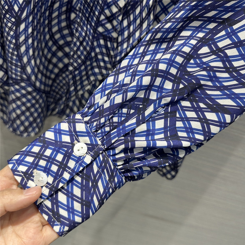 tory burch 3D geometric premium blue plaid printed silk shirt