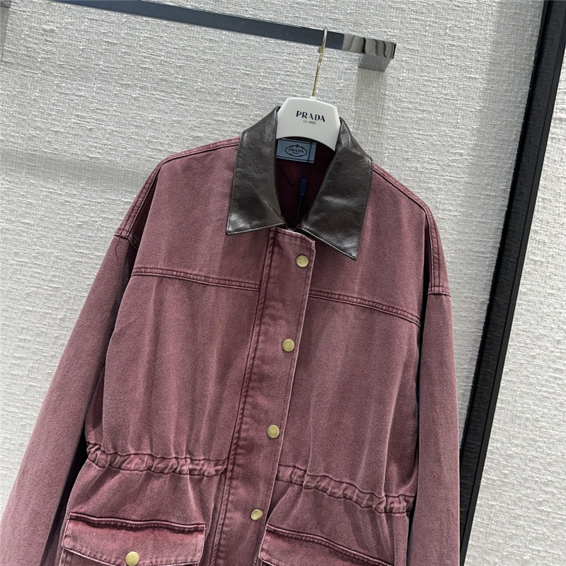 prada unisex distressed leather collar denim jacket