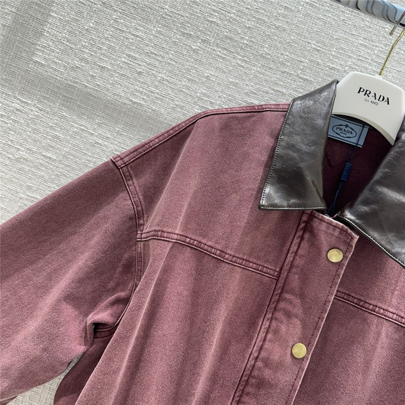 prada unisex distressed leather collar denim jacket