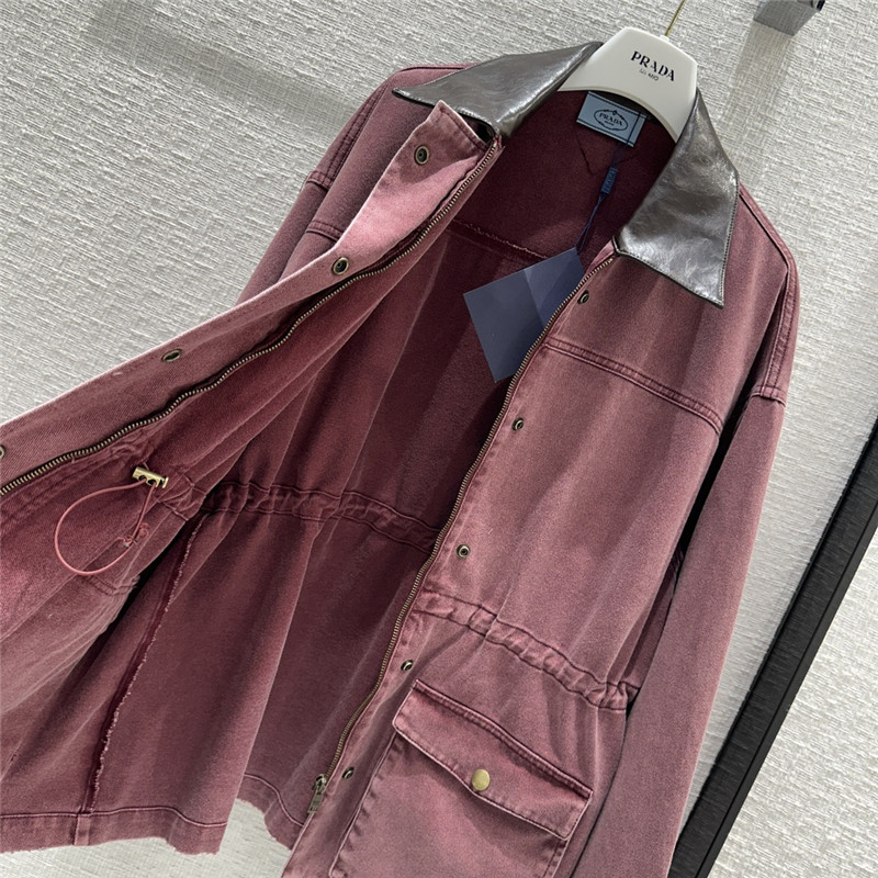 prada unisex distressed leather collar denim jacket