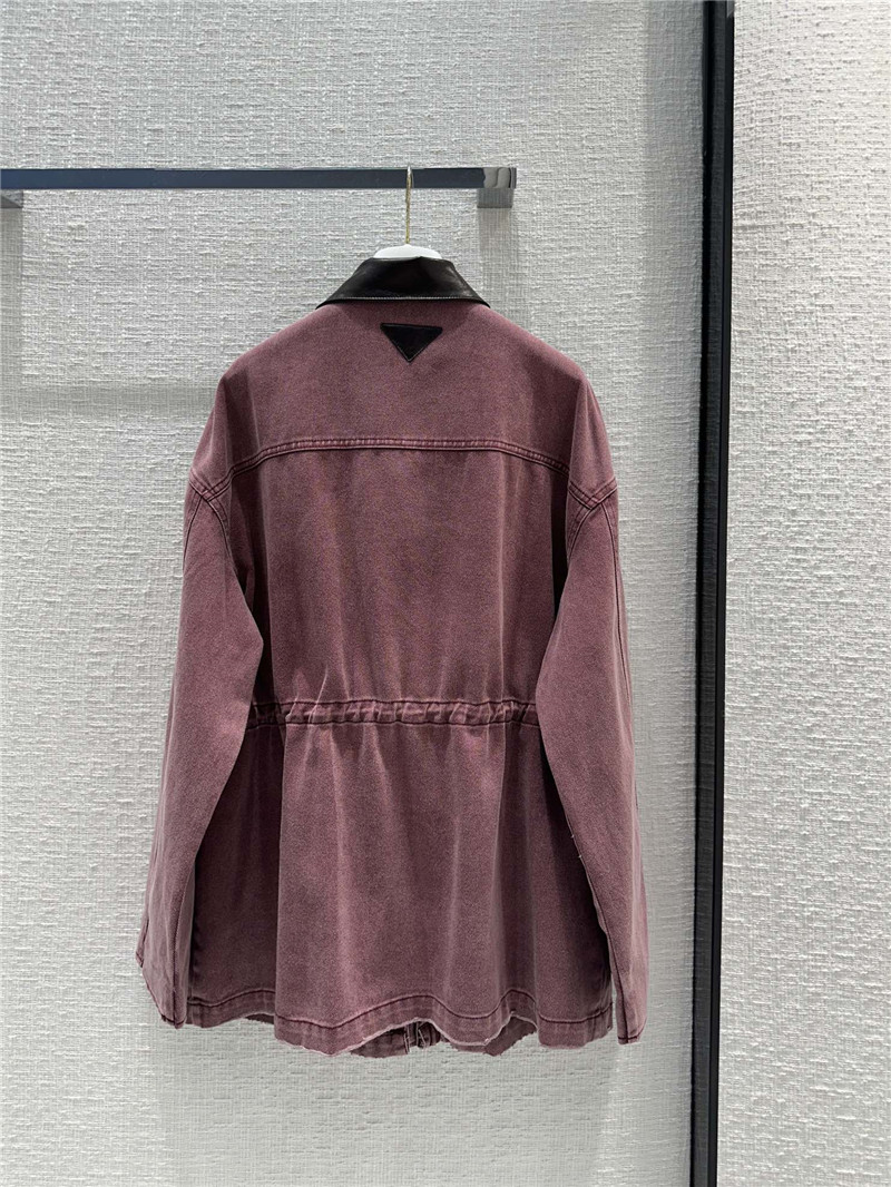 prada unisex distressed leather collar denim jacket