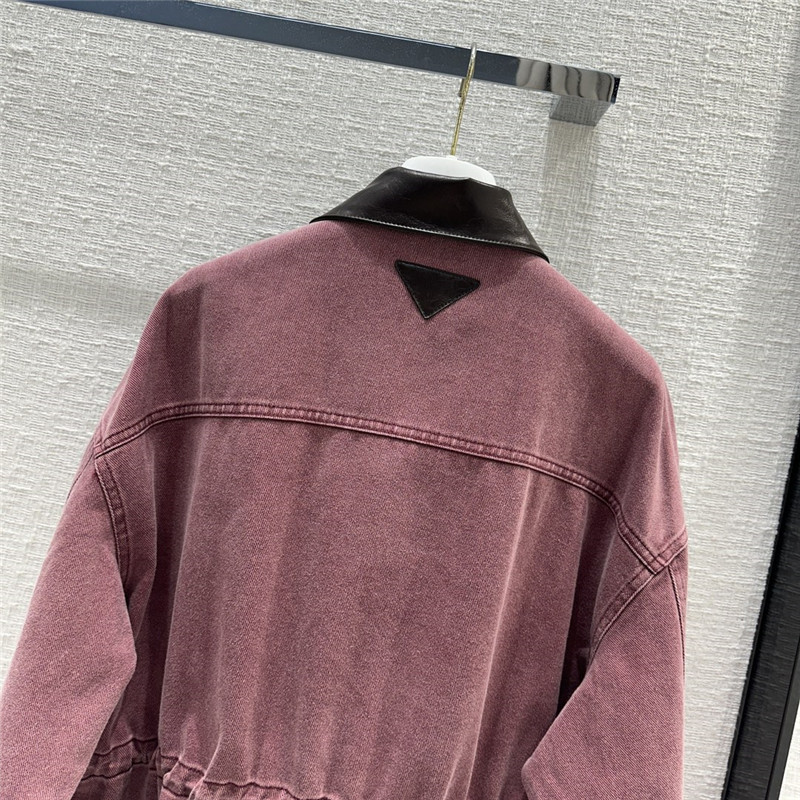 prada unisex distressed leather collar denim jacket