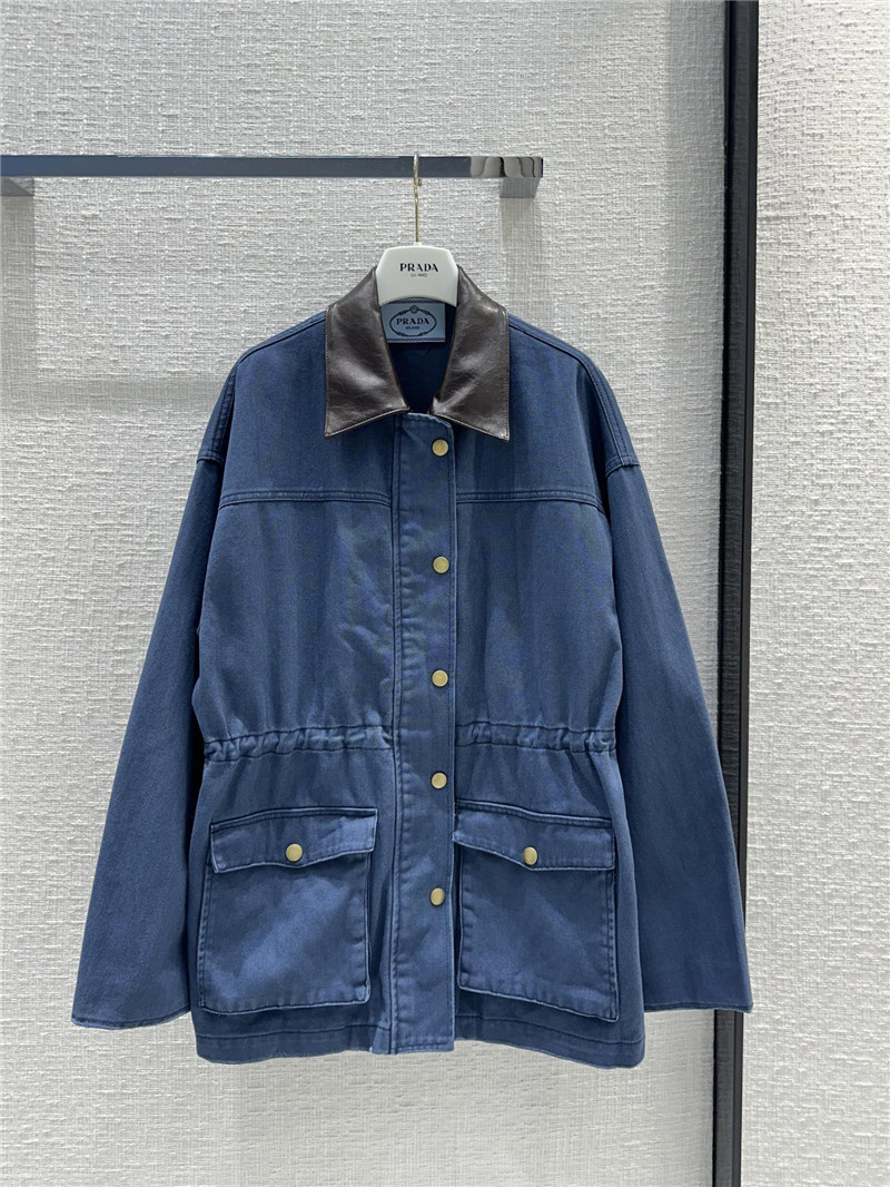 prada unisex distressed leather collar denim jacket