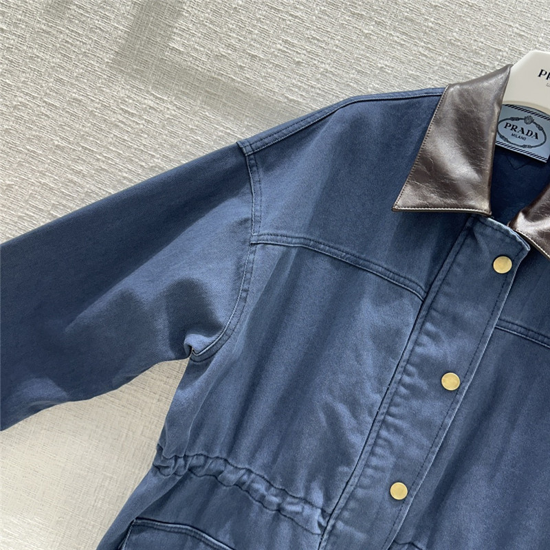 prada unisex distressed leather collar denim jacket