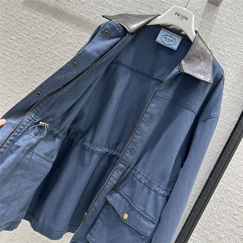 prada unisex distressed leather collar denim jacket