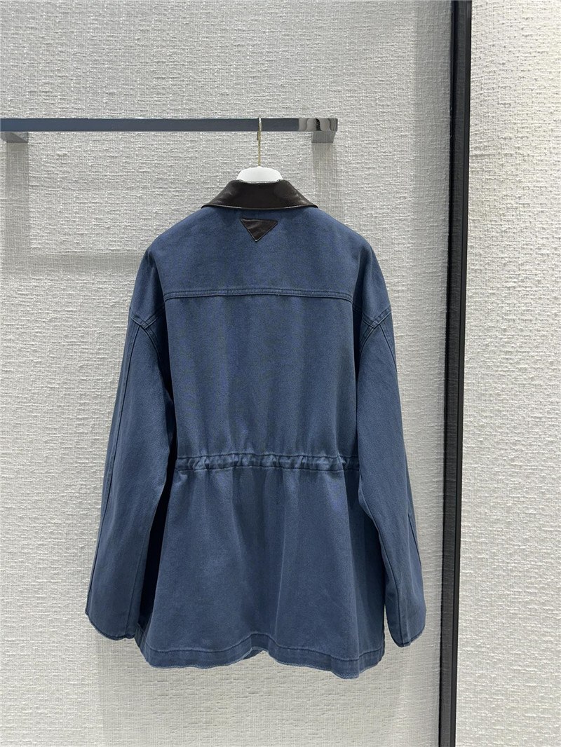 prada unisex distressed leather collar denim jacket