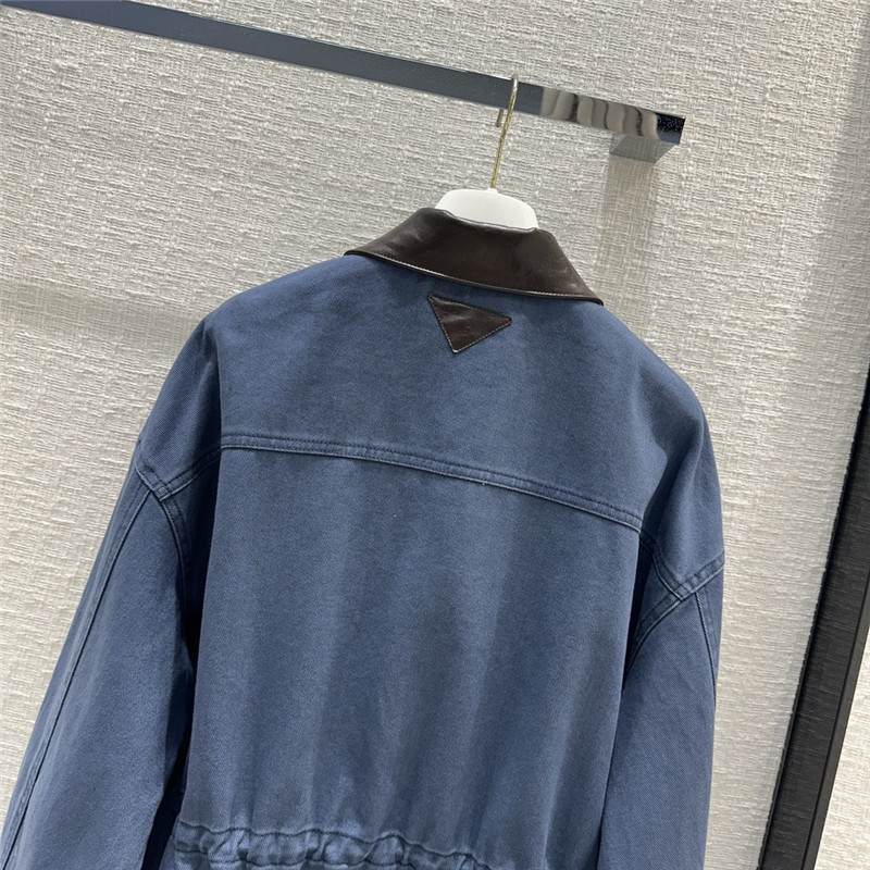 prada unisex distressed leather collar denim jacket