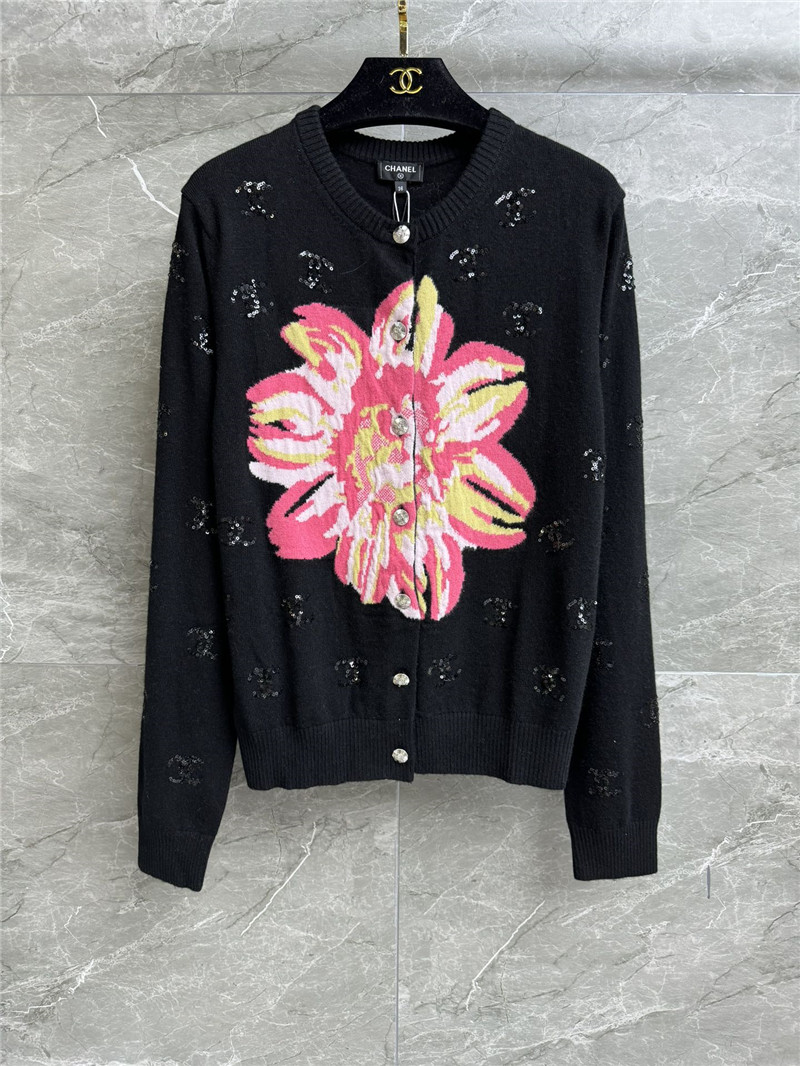 Chanel Logo Floral Sequins Cardigan in Black