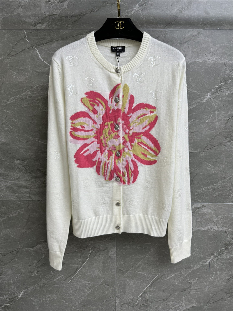 Chanel Logo Floral Sequins Cardigan in White