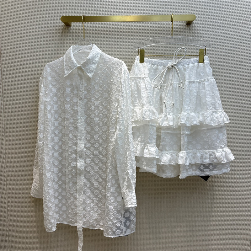 louis vuitton LV lapel long white shirt + cake tutu skirt suit