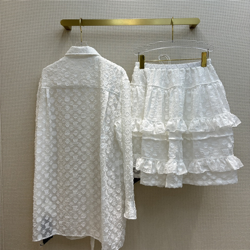 louis vuitton LV lapel long white shirt + cake tutu skirt suit