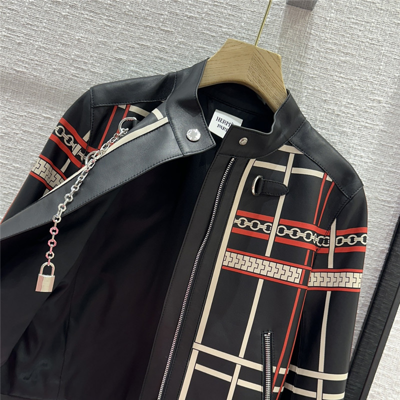 H**me5 positioning red plaid chain print lambskin jacket