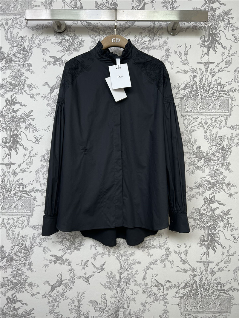 dior butterfly embroidered stand collar puff sleeve shirt