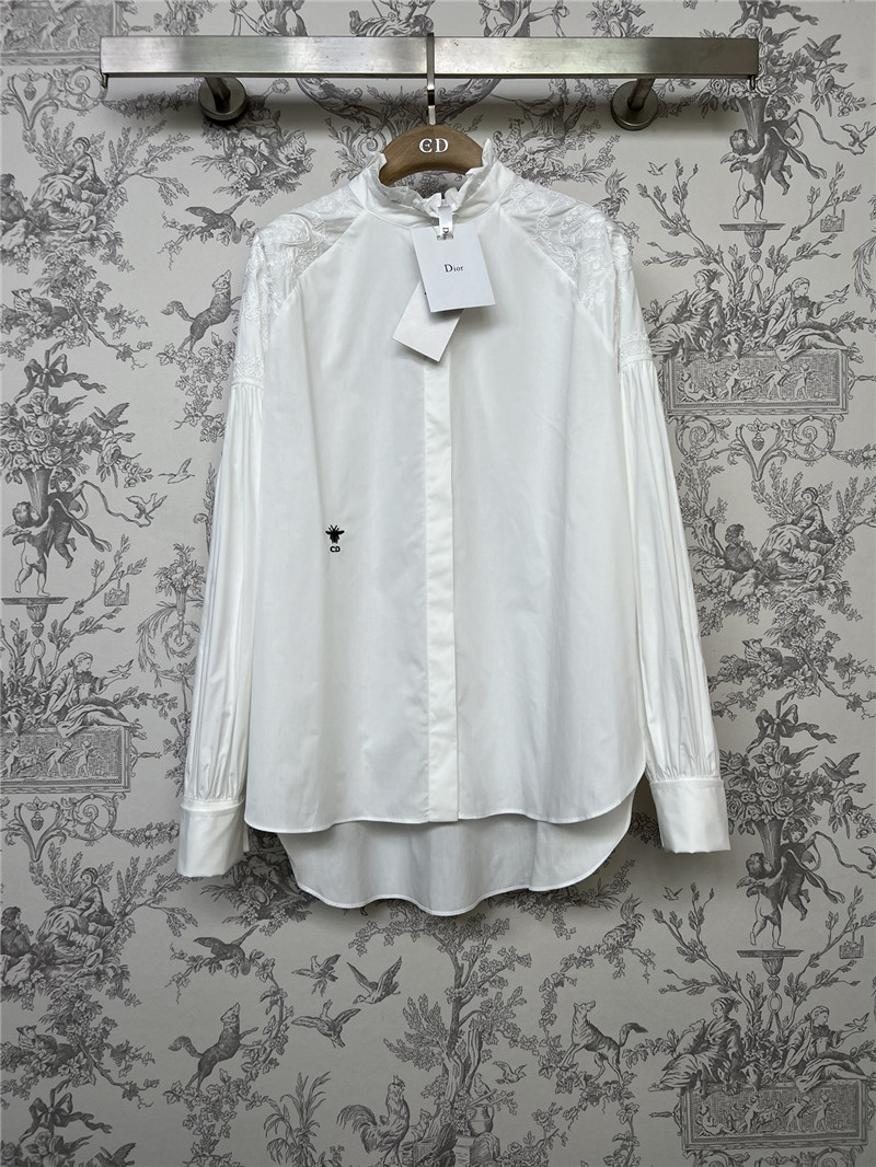 dior butterfly embroidered stand collar puff sleeve shirt