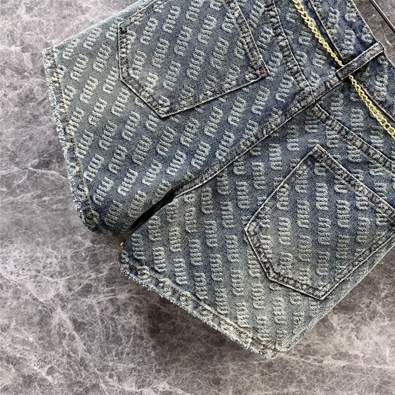 M1um1u letter jacquard chain belt denim shorts
