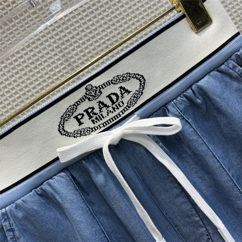 Pra*a new contrast color drawstring elastic waist tencel jeans