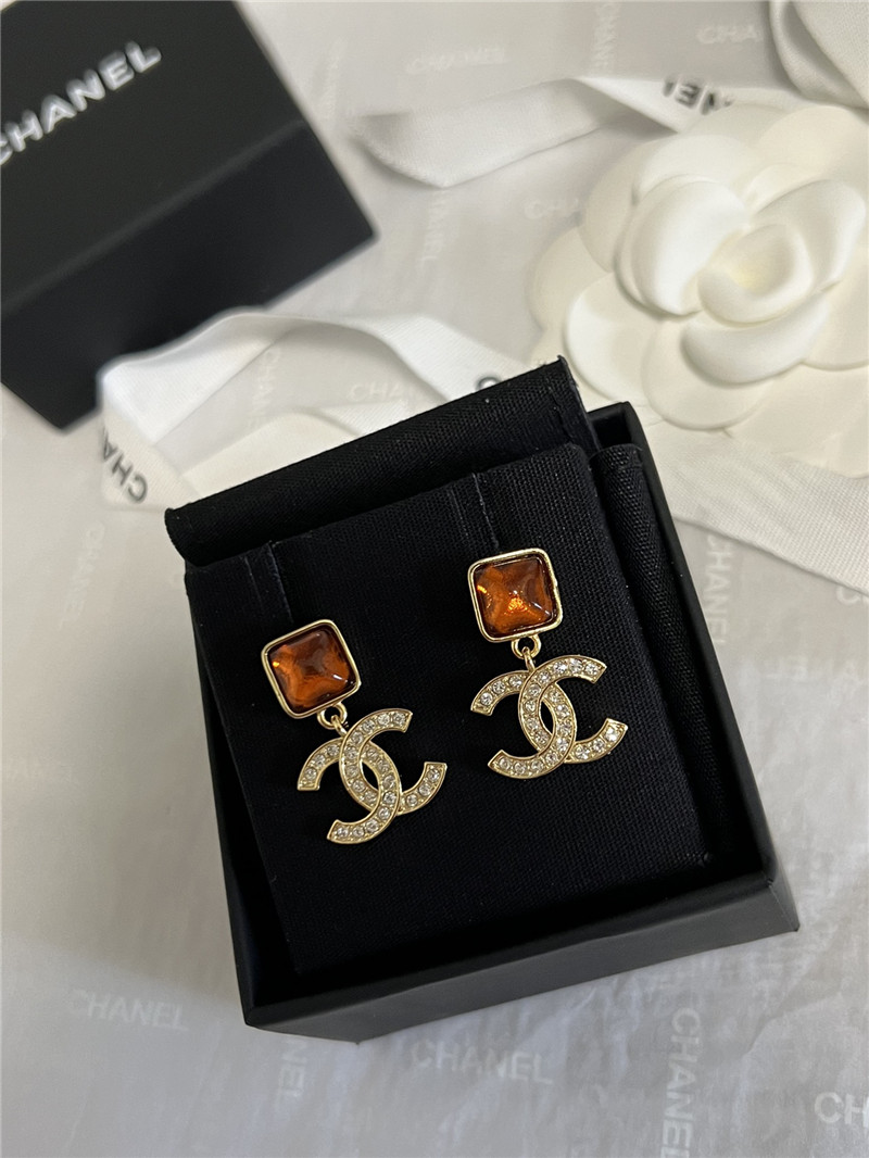 Ch**el orange gem rhinestone double c earrings