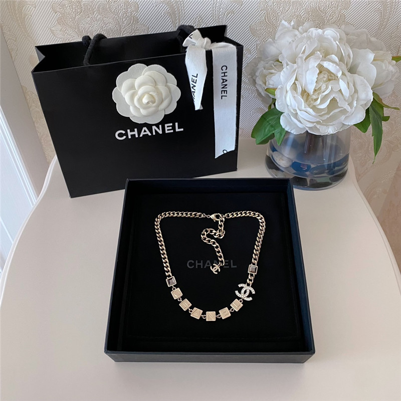 Ch**el monogram square stone rhinestone double c necklace