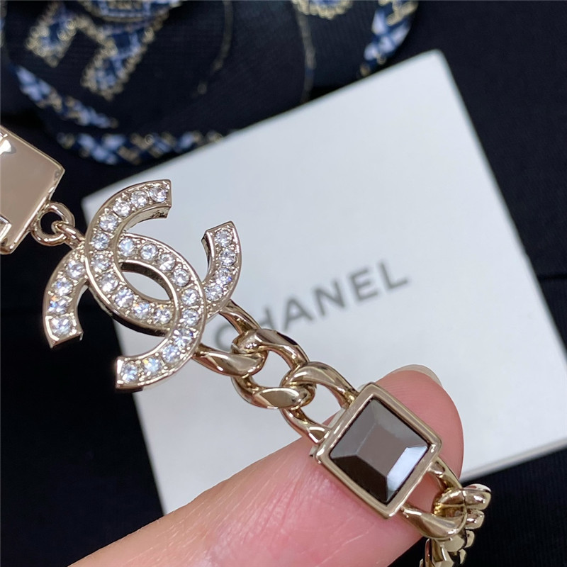 Ch**el monogram square stone rhinestone double c necklace