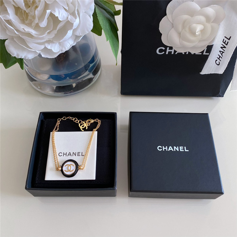 Chanel black and white button double chain bracelet