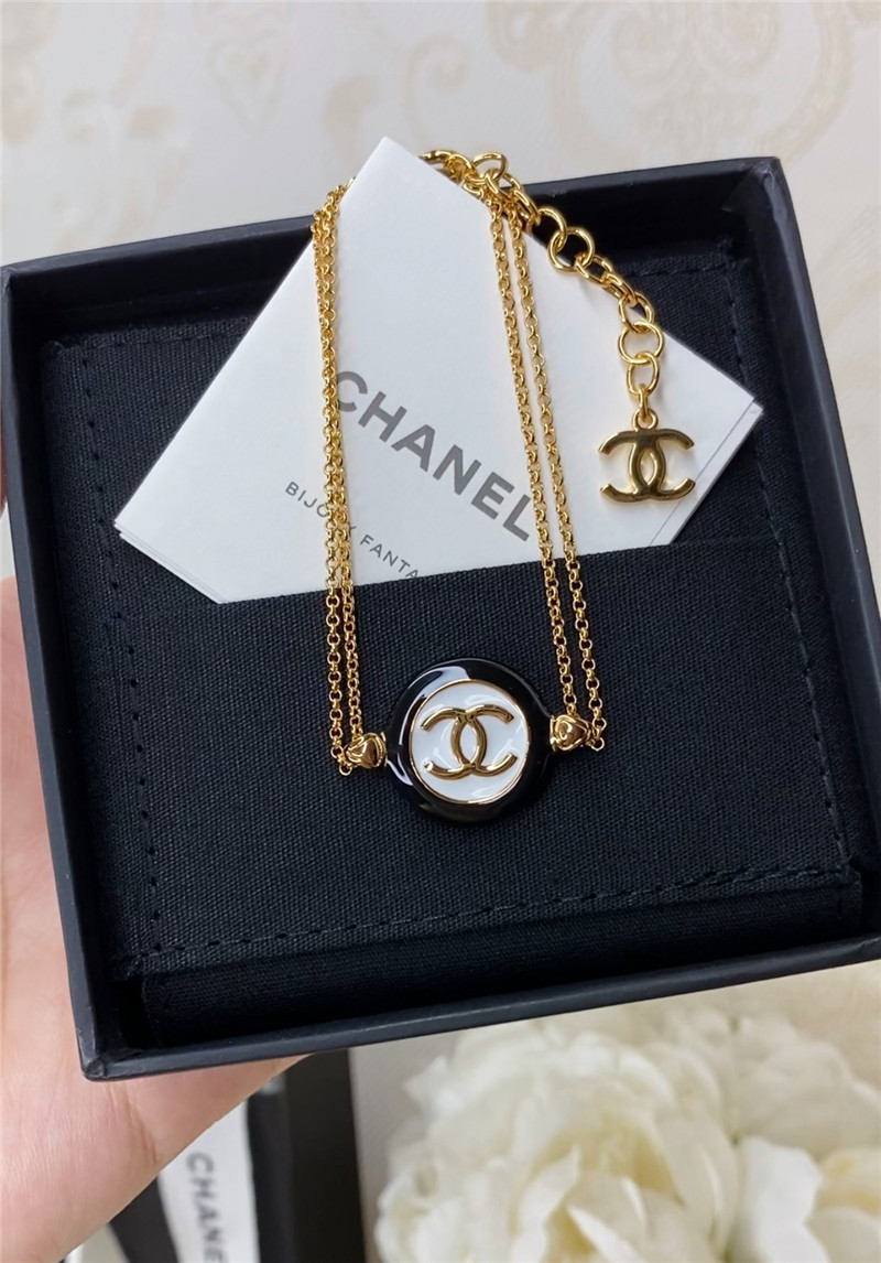 Chanel black and white button double chain bracelet