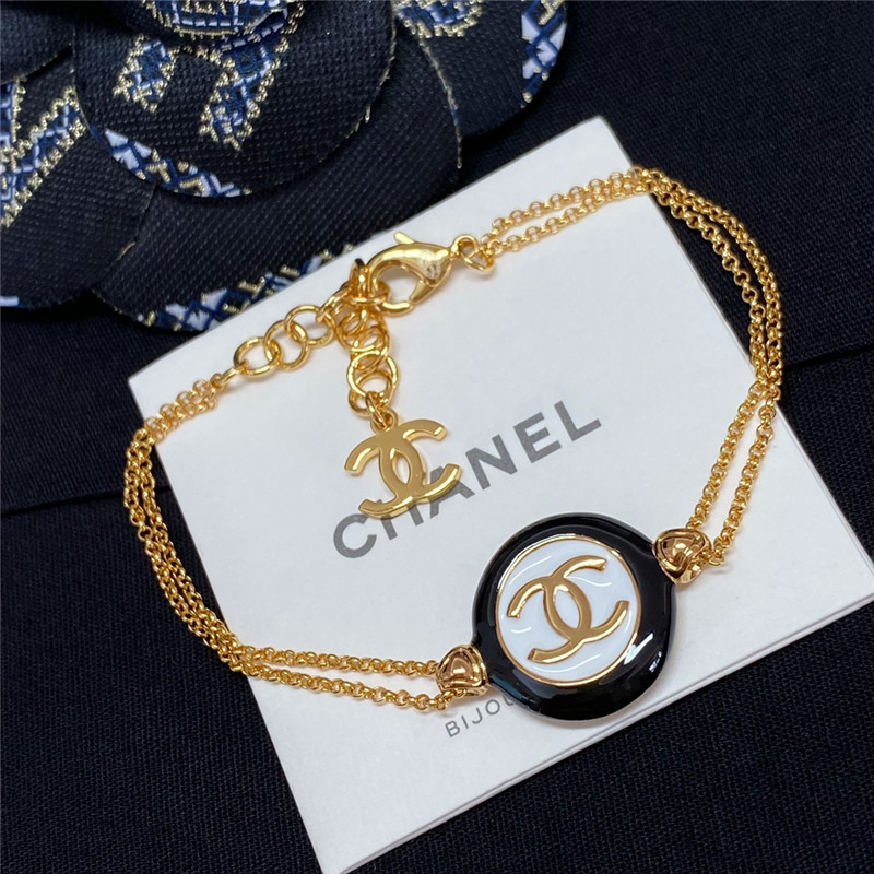 Chanel black and white button double chain bracelet
