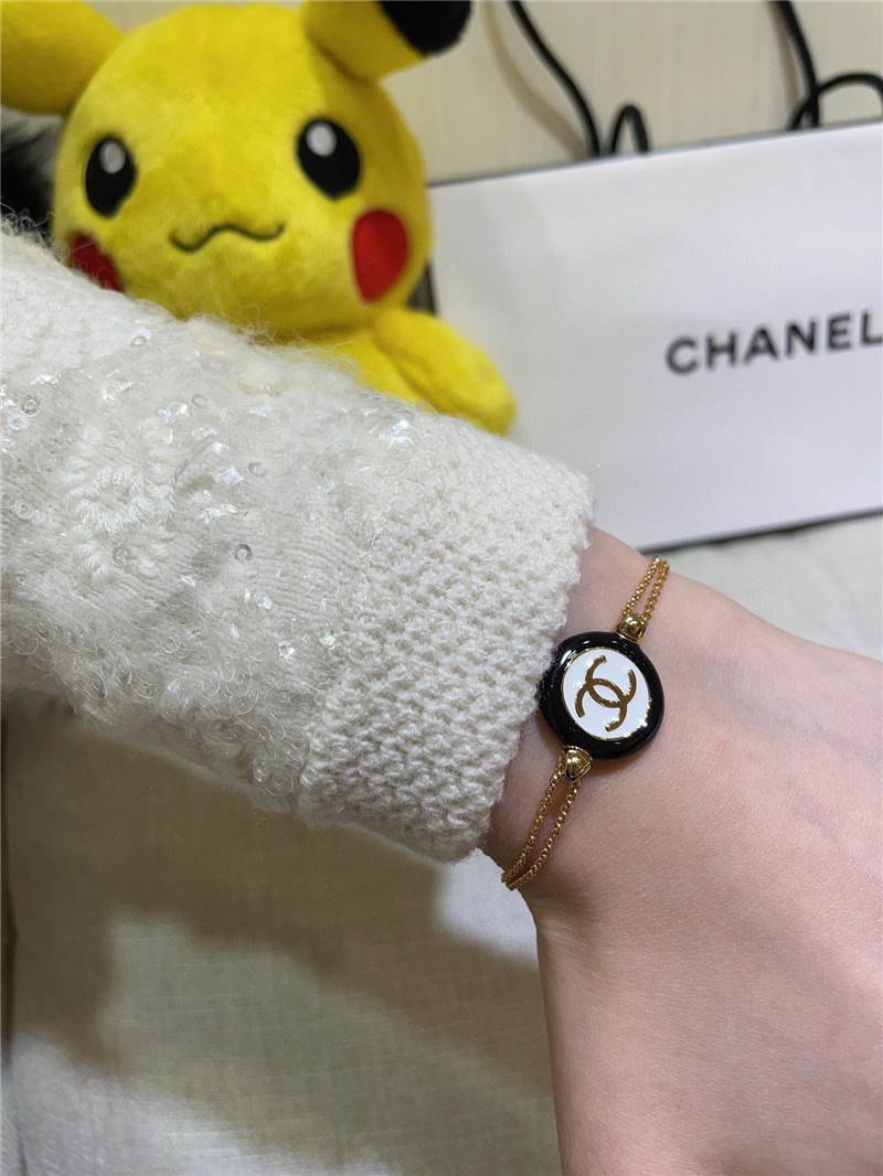 Chanel black and white button double chain bracelet
