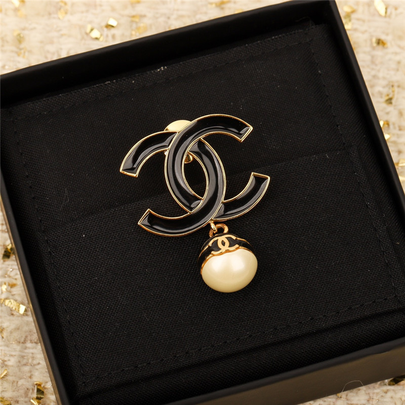 Chanel black enamel hanging pearl brooch