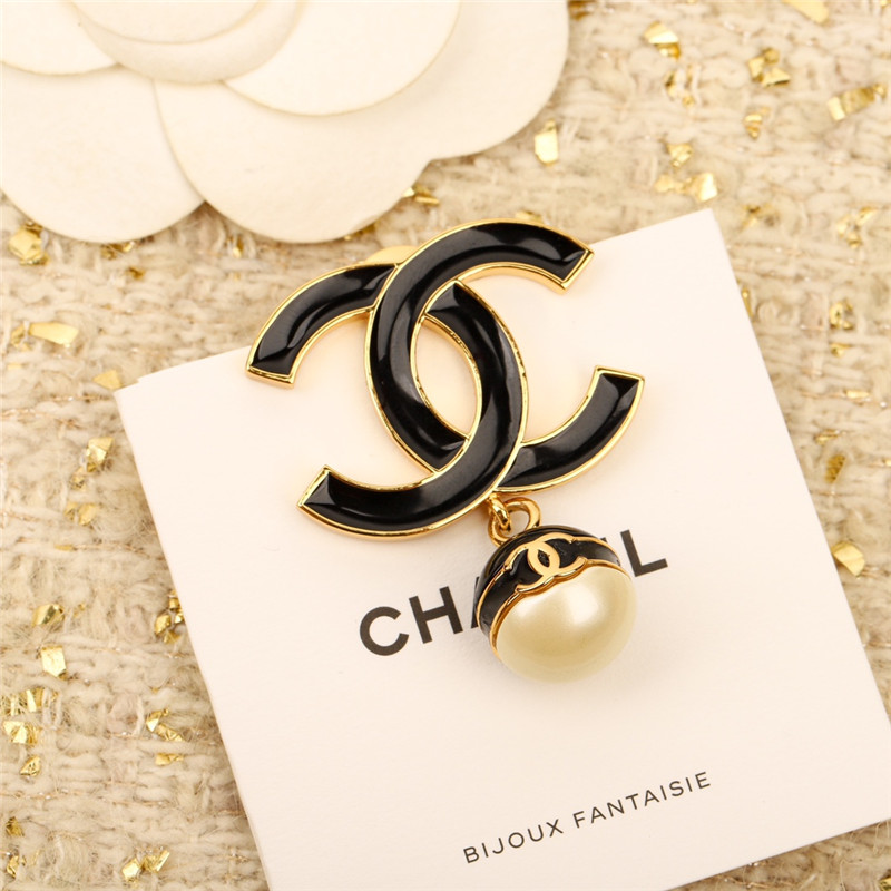 Chanel black enamel hanging pearl brooch