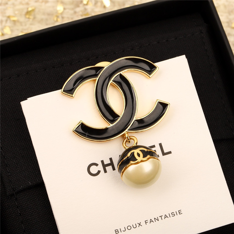 Chanel black enamel hanging pearl brooch