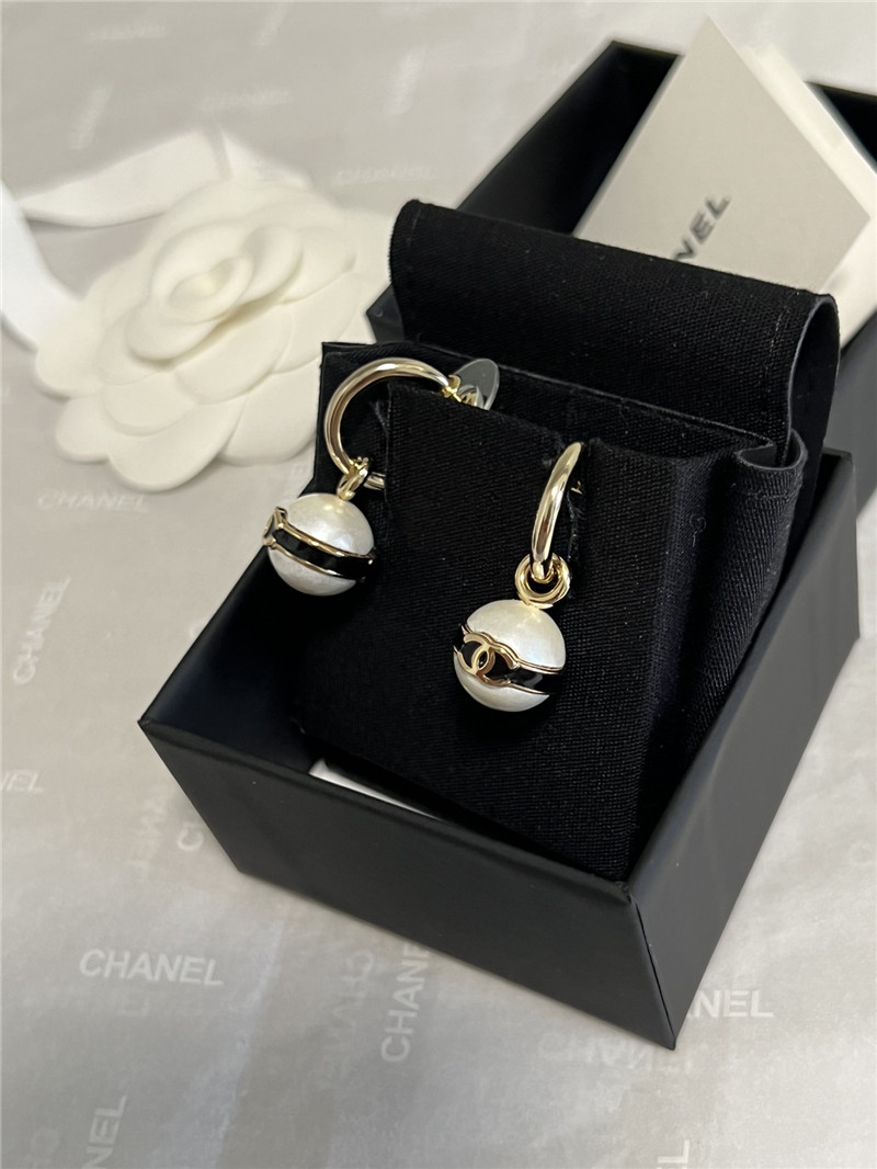 Ch**el pearl bean black enamel double c earrings