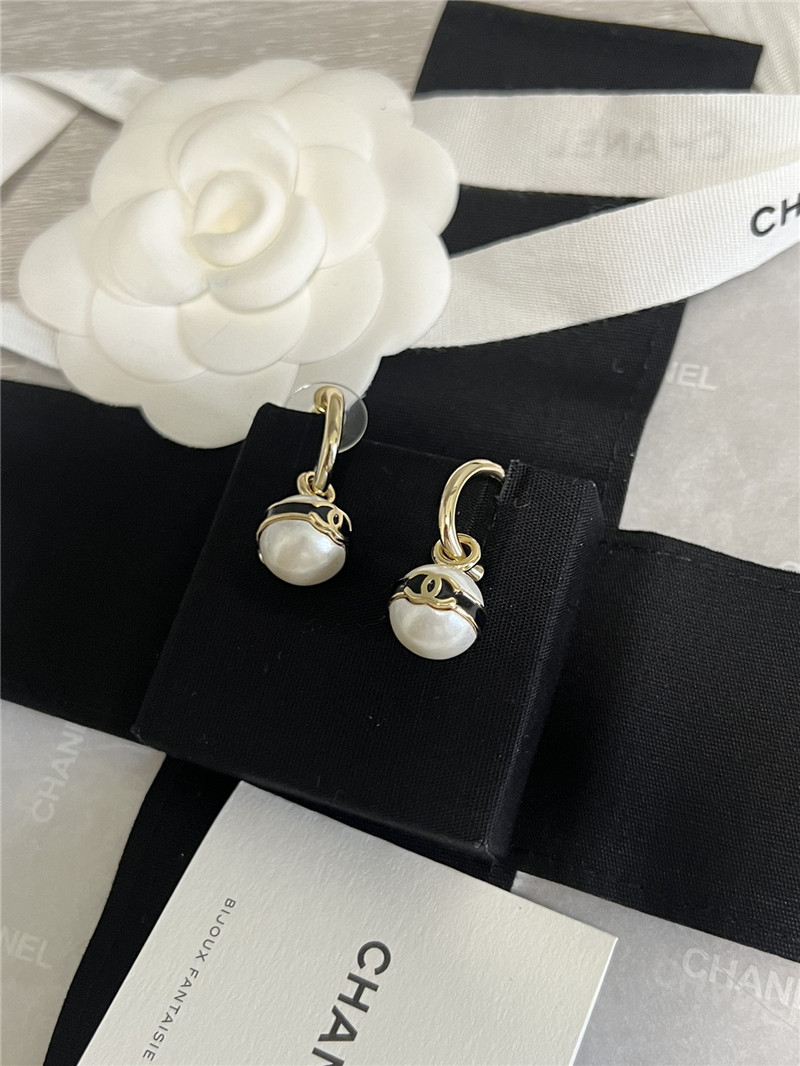 Ch**el pearl bean black enamel double c earrings