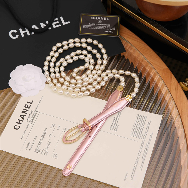 Ch**el classic leather pin buckle with pearl belt