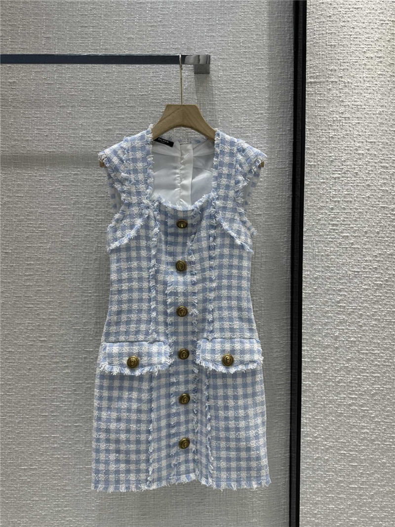 Balmain fringed blue and white plaid dress replicas clothes