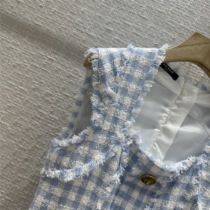 Balmain fringed blue and white plaid dress replicas clothes