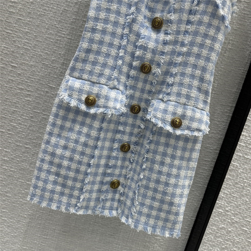 Balmain fringed blue and white plaid dress replicas clothes