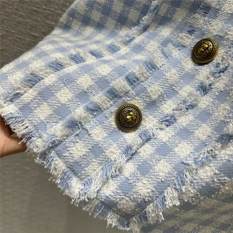 Balmain fringed blue and white plaid dress replicas clothes