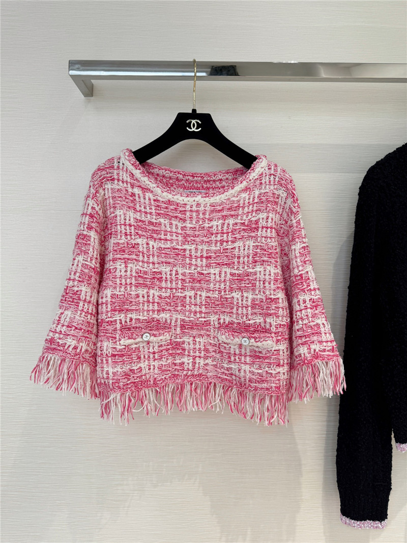Chanel Fringed Check Knit Sweater Pink