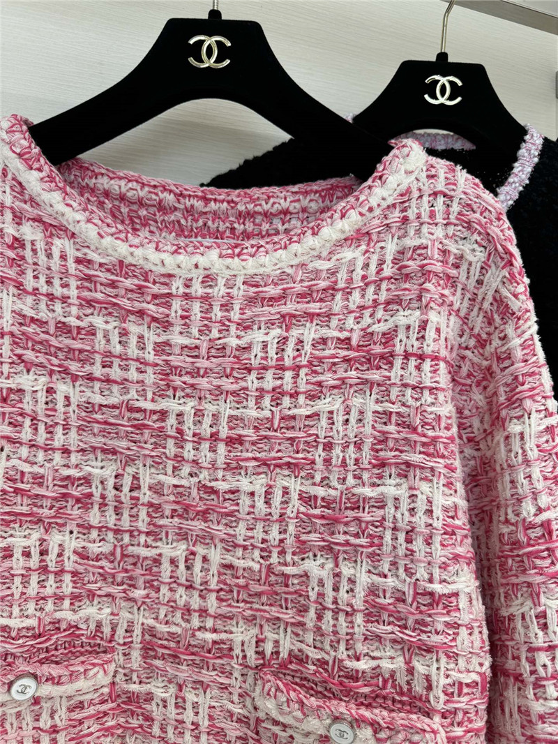 Chanel Fringed Check Knit Sweater Pink