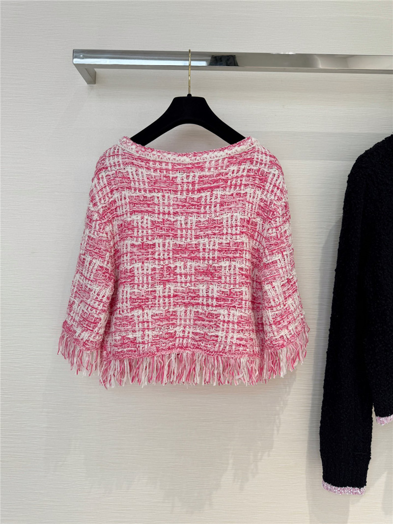 Chanel Fringed Check Knit Sweater Pink