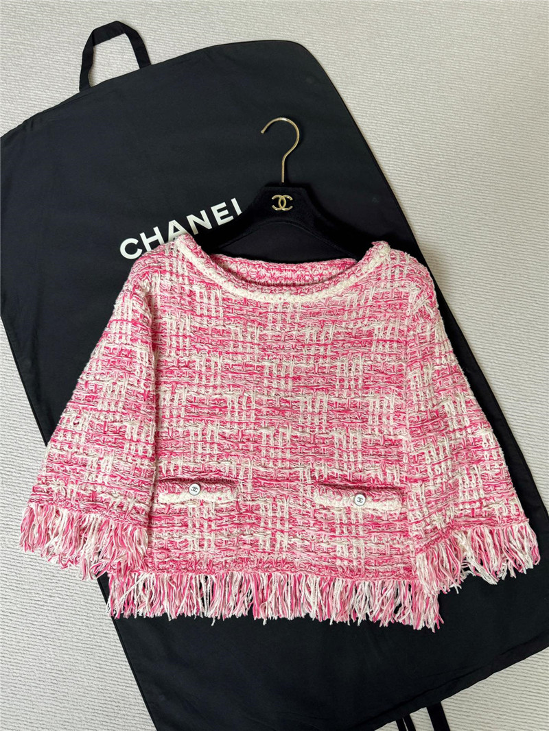 Chanel Fringed Check Knit Sweater Pink